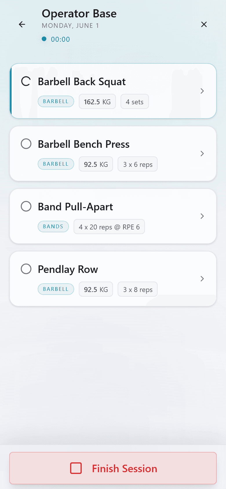 Protocol workout player showing the current session exercise list